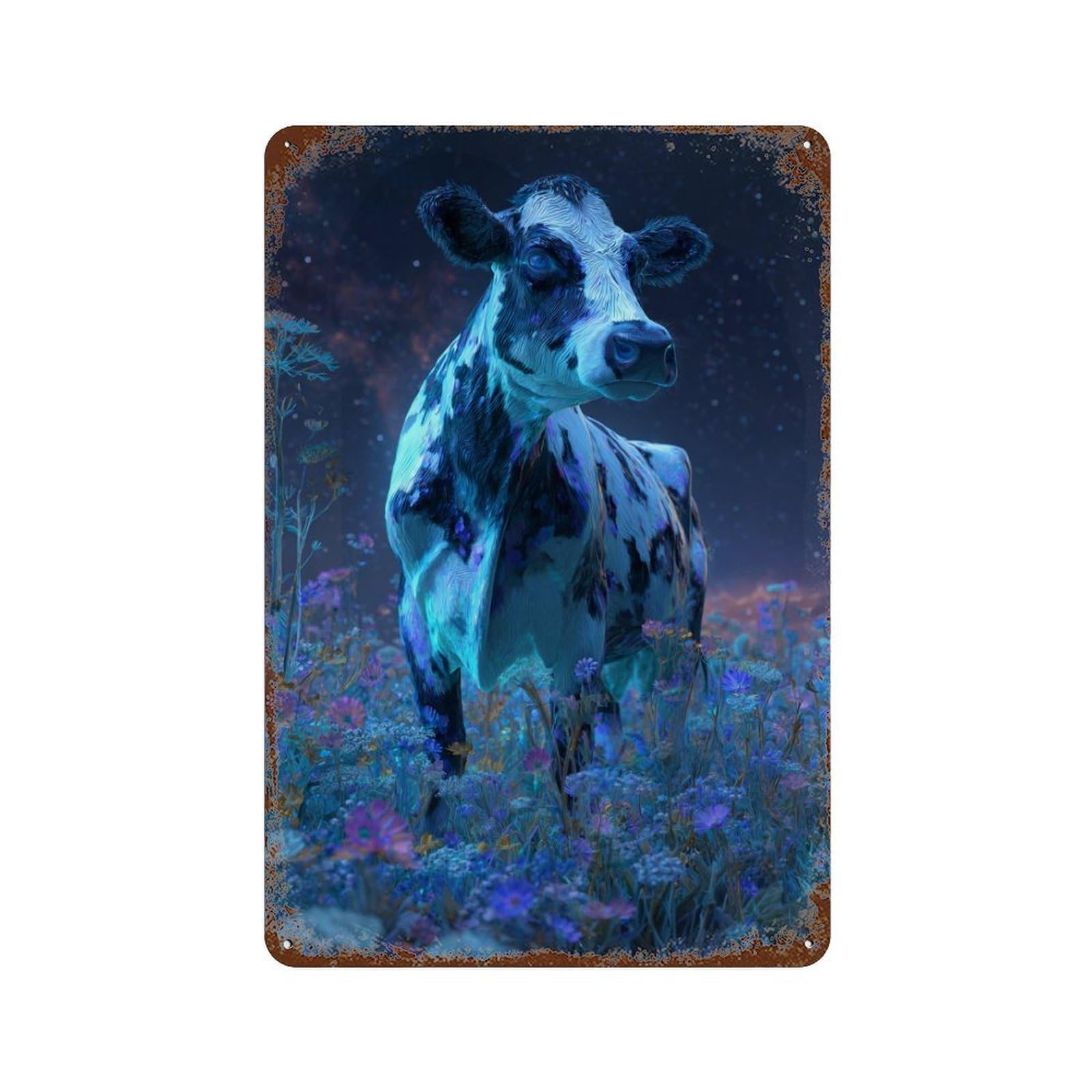 Glowing Cow in Flowers Vintage Rust Metal Sign 11.8"x7.9", Shabby Chic Decor for Shed, Workshop And Garage Wall Decor