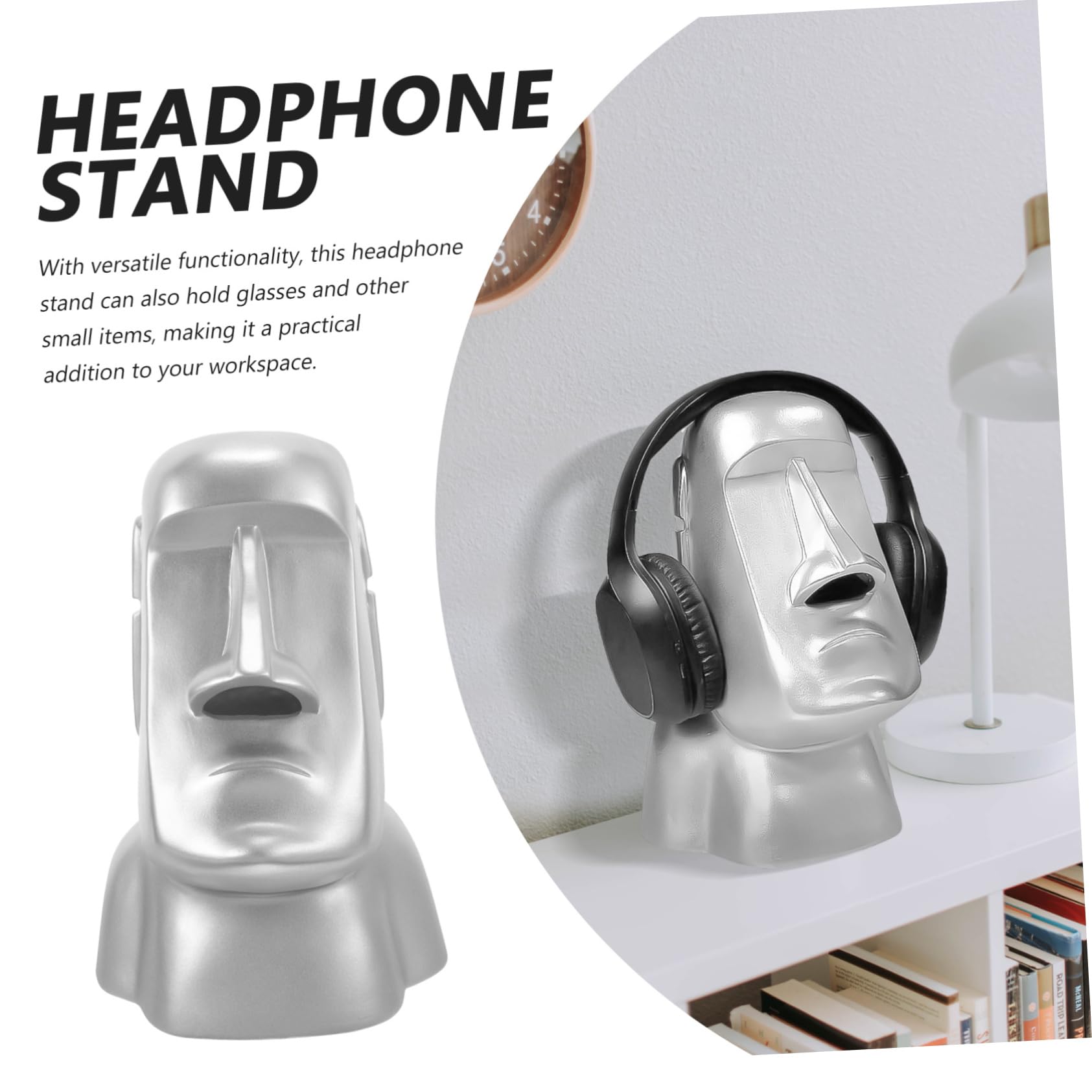 Cabilock Supporto per Cuffie Statua Moai in Resina Argento da Scrivania | Organizer per Piccoli Oggetti, Scenari Ufficio e Casa, Regalo di Natale