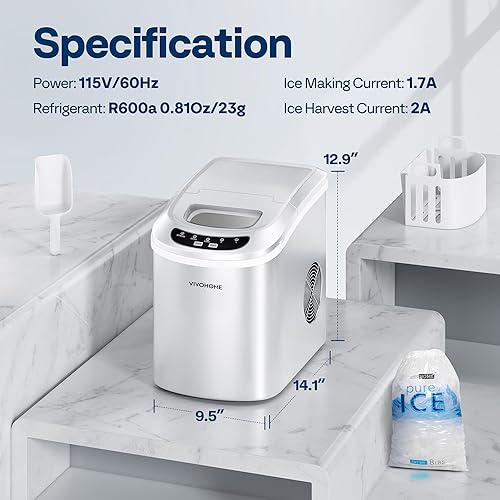 Miniatura 7 de VIVOHOME Máquina de hielo para encimera de 26 librasdía 9 cubos de hielo en 6 minutos, máquina para hacer hielo con cuchara de mano y máquina de