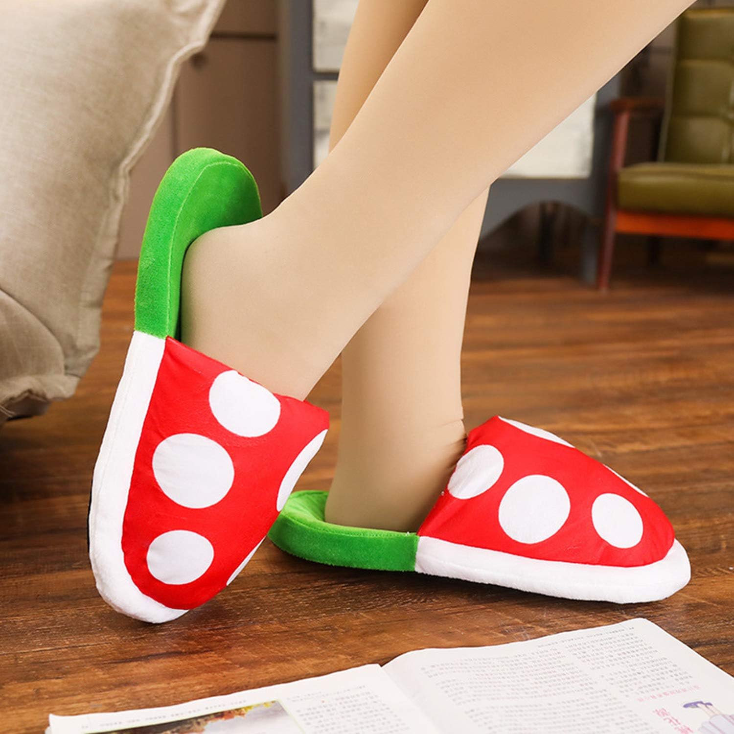 TISOSO Super Piranha Plants Plush Slippers Unisex Warm House Slippers With Green Warp Pipe Plush for Adult