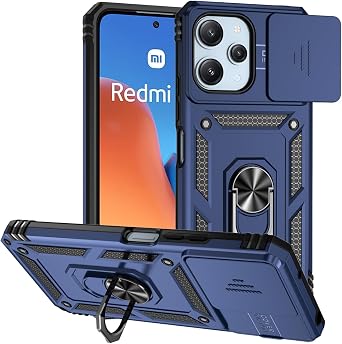 Case for Redmi 12 Case, Redmi Note 12R/Poco M6 Pro Case with Slide Camera Cover, Built-in 360 Rotate Ring Kickstand Magnetic Shockproof Phone Cover for Xiaomi Redmi 12 Blue