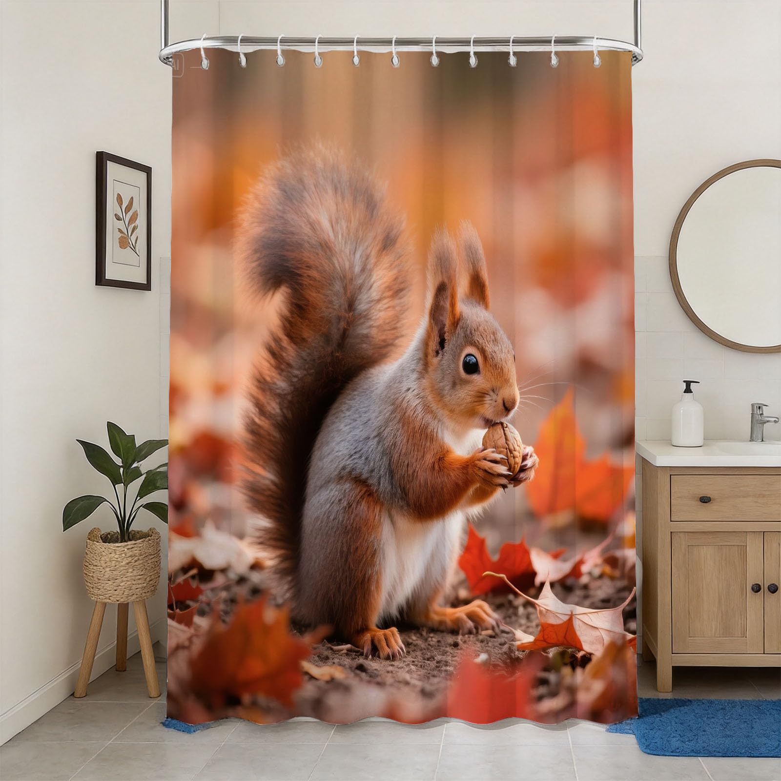 Hongduo 3D Squirrel Shower Curtain for Stalls Bathtubs Autumn Forest Bathroom Decor Shower Curtain Set Polyester Fabric Waterproof 180x200cm/71X79 Inch with Hooks