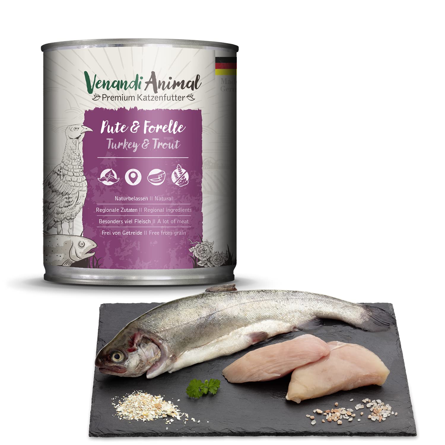Venandi Cibo Umido Premium per Gatti, tacchino & trota, 6 x 800 g (confezione da 6), senza cereali con carne extra