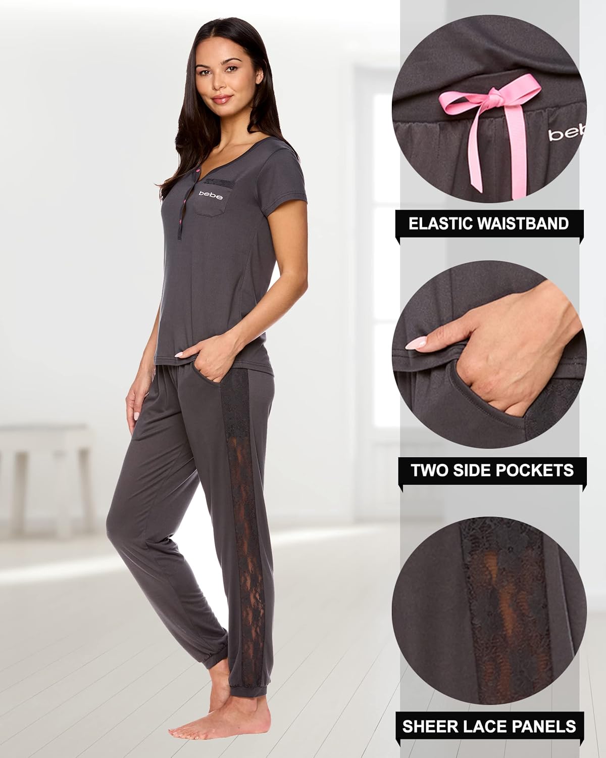 bebe Womens Pajama Set, Short Sleeve Shirt with Lace Jogger PJ Pants Lounge Sets for Women - Image 4