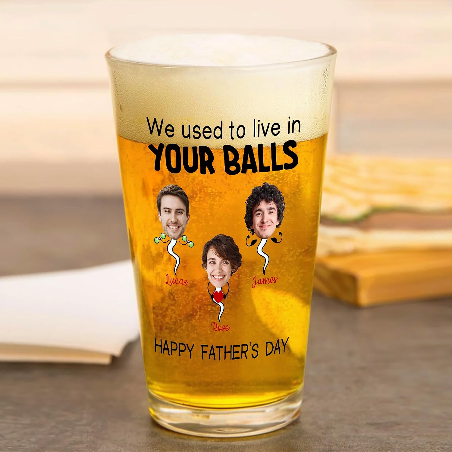 Gossby Personalized We Used to Live in Your Balls Beer Glass Custom Father's Day 2026 Gift from 3 Kids, Funny Photo Pint Glass Dad from Daughter Son Wife
