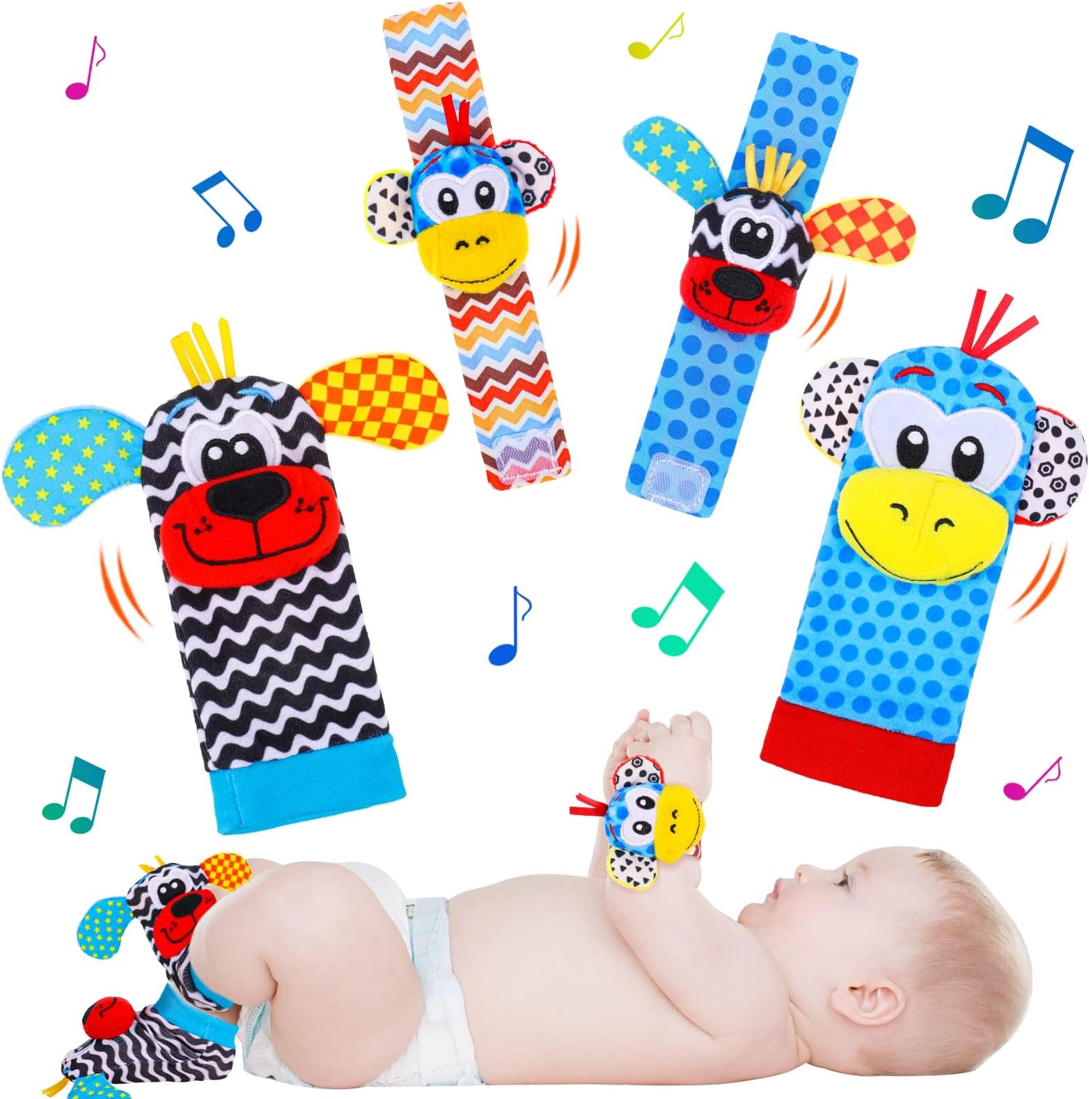 QINREN Baby Rattle Socks Wrist Strap Rattles Set, Foot Finder Socks and Wrist Rattles Bell Strap, Baby Sensory Toys Development Toy Gift for Toddler Newborn Girls Boys