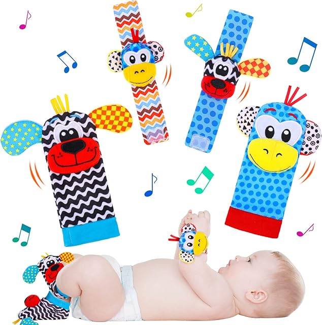 QINREN Baby Rattle Socks Wrist Strap Rattles Set, Foot Finder Socks and Wrist Rattles Bell Strap, Baby Sensory Toys Development Toy Gift for Toddler Newborn Girls Boys 0-12 Months