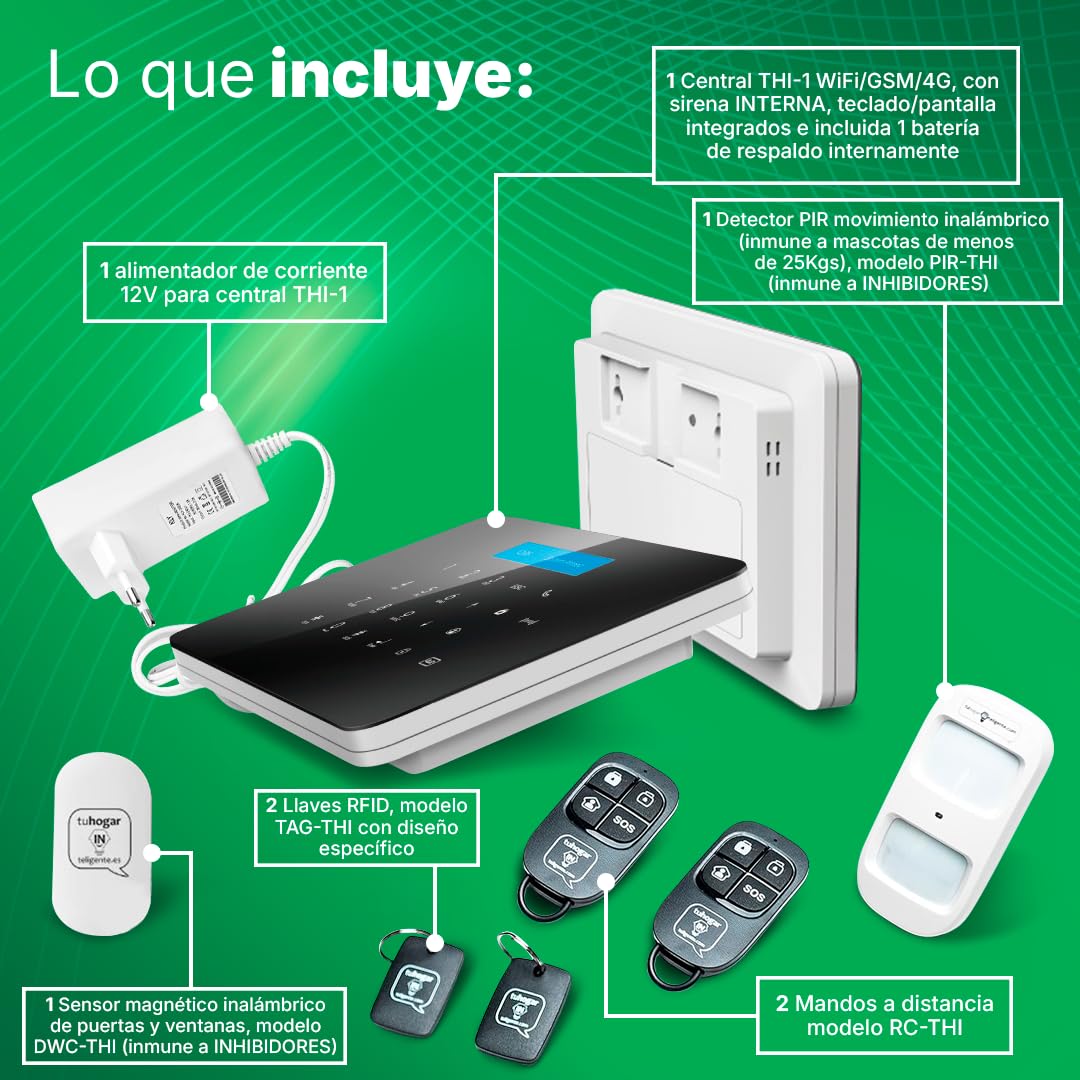Kit de Alarmas para Casa SIN CUOTAS - Alarma Domótica THI-1 (WiFi + GSM) conectada a Internet + Línea Móvil - Seguridad para tu Casa o Negocio - SIN cuotas y SIN Límites - CONTROL TOTAL desde el Móvil