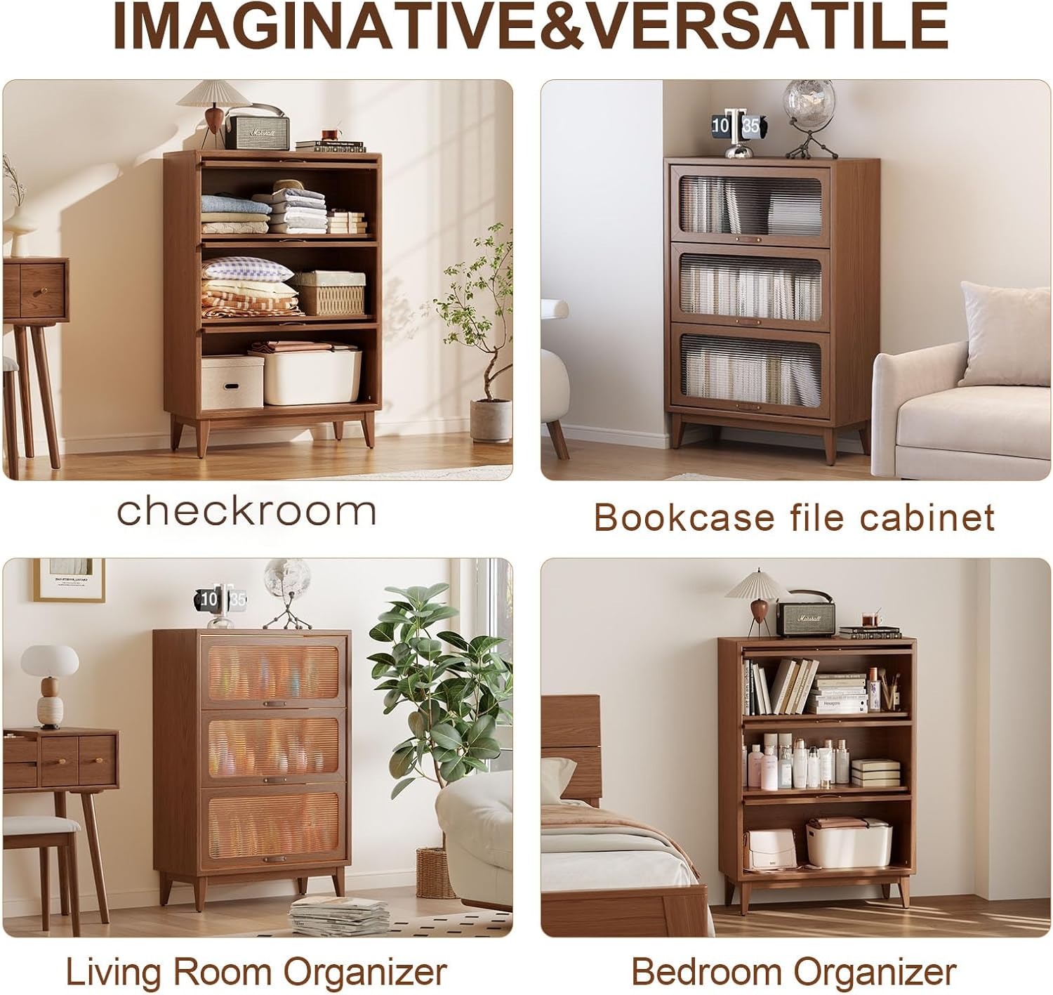 3 tier solid wood book case with corrugated tempered glass doors, dusty wooden bookshelf dark brown Flip-Up Glass Front Doors book cases/shelves for home office room with installation tool