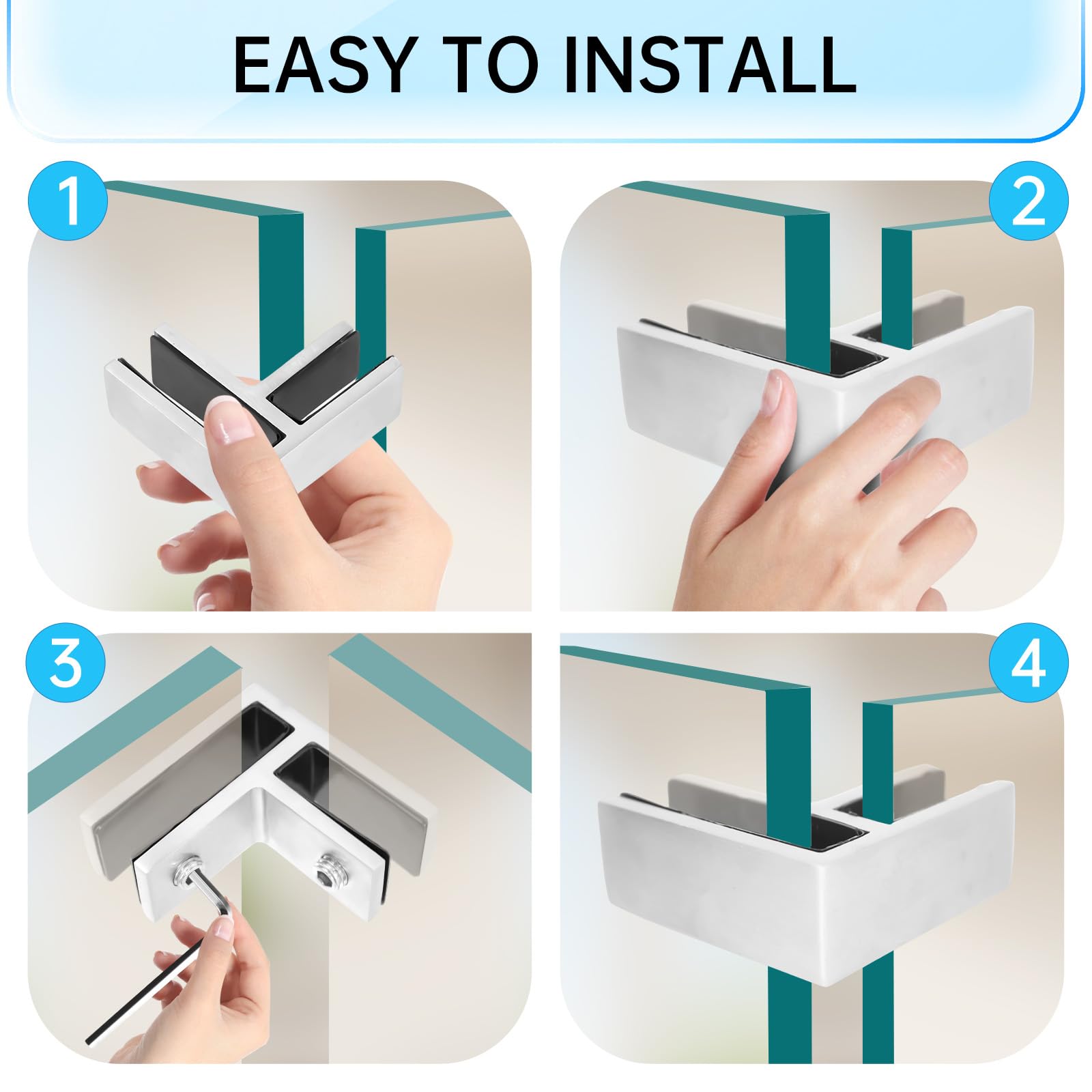 Paquete de 4 clips de acero inoxidable para estantes de cristal, 10 mm, 13,5 mm, soportes ajustables de 90 grados, para barandillas, balcones, escaleras, diseño moderno
