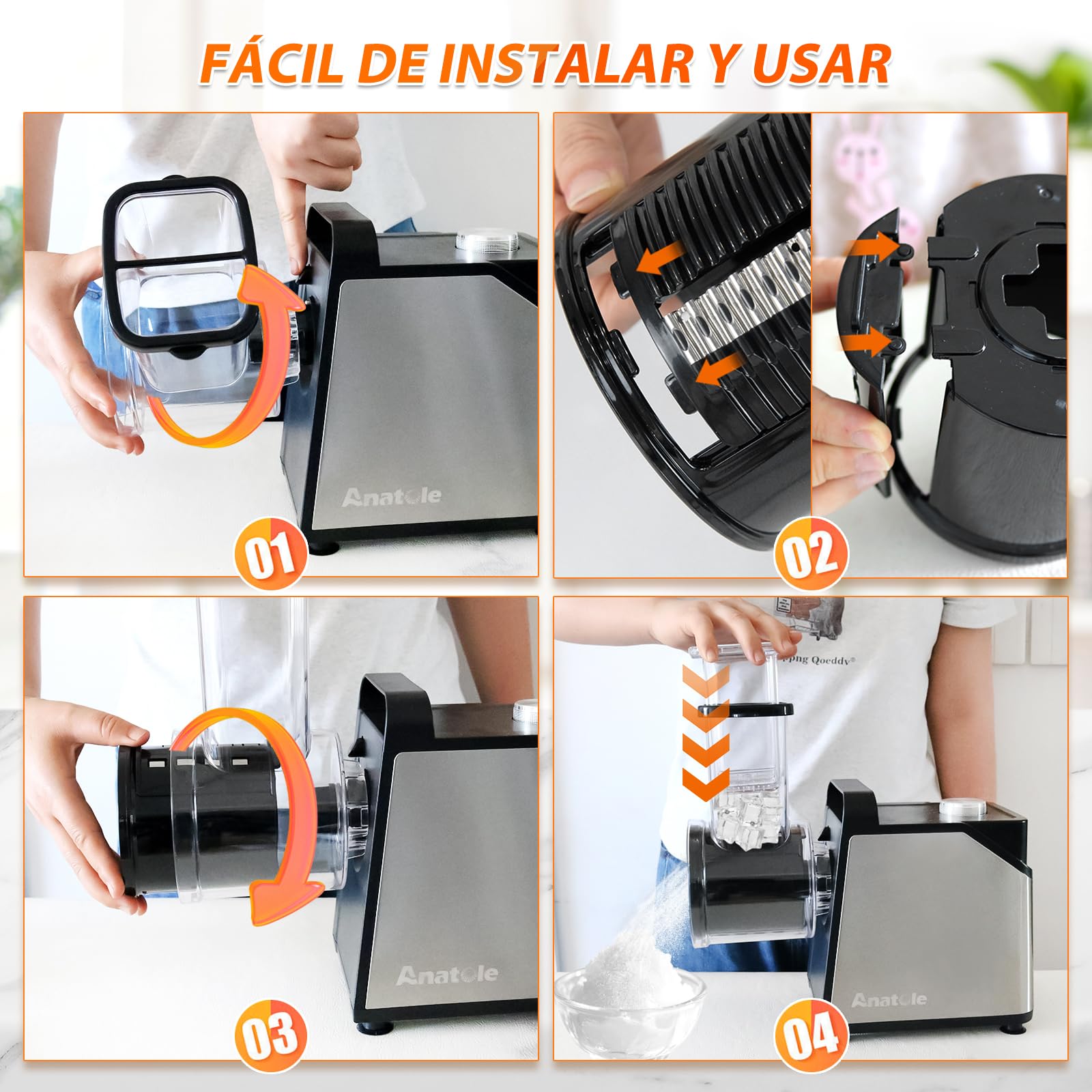 Anatole Cortador de Verduras Eléctrico Picadora de Hielo 7 Cuchillas Rallador de Queso Acero Inoxidable 250W Gran Calibre Mandolina de Cocina Multifuncional 220V Enchufe UE