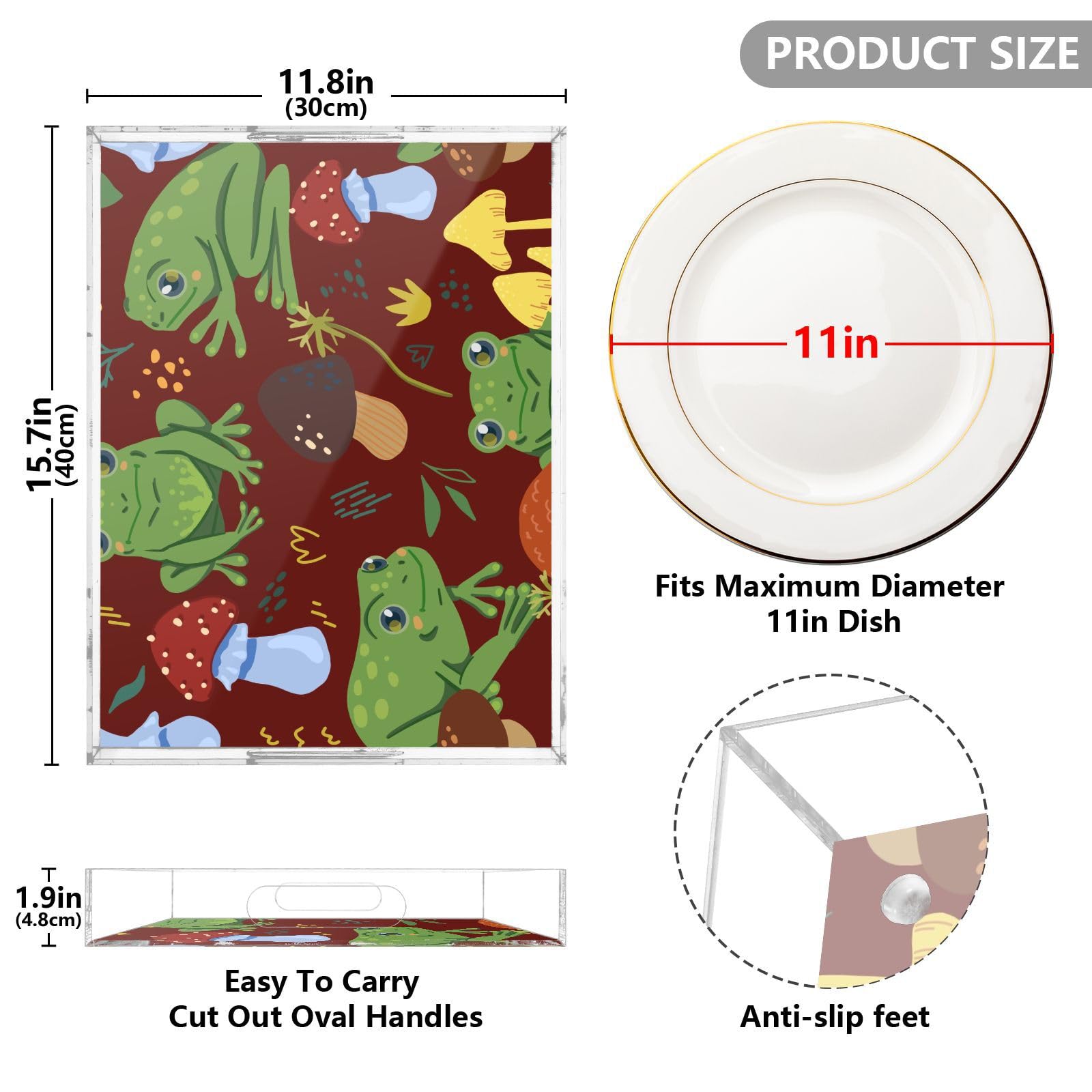 Bandeja transparente de acrílico con bonitas ranas y hongos personalizados, bandeja transparente con asas, bandejas transparentes de 12 x 16 pulgadas, bandejas transparentes para servir alimentos a