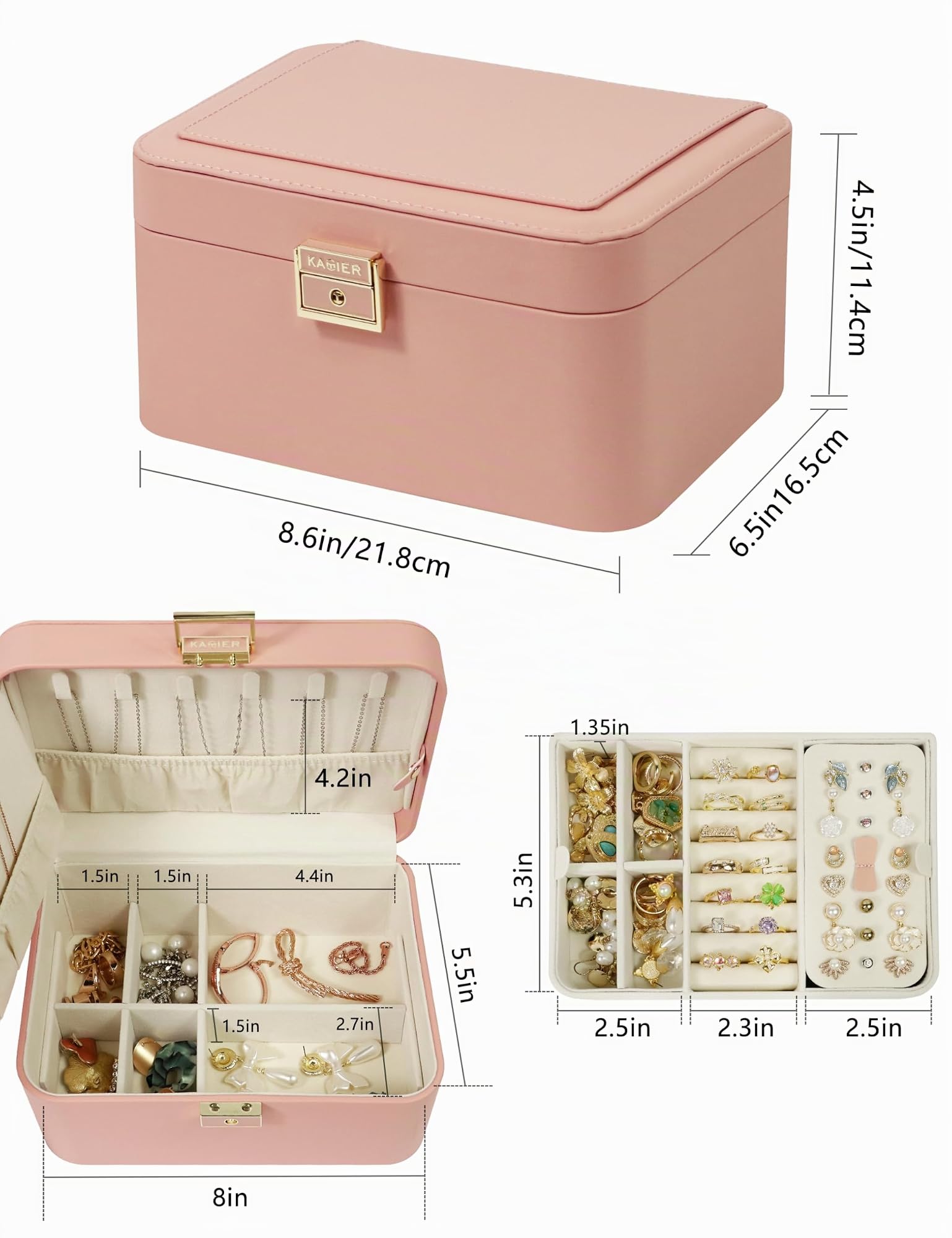 KAMIER Boîte à bijoux pour femme – Organiseur à bijoux à 2 couches, grand organisateur en cuir synthétique, avec serrure et crochets cachés miroir, séparateurs amovibles, rose, fête des mères