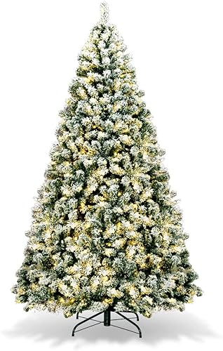 Goplus Árbol de Navidad artificial con nieve de 7.5 pies, árbol de Navidad con bisagras nevadas preiluminado con 550 luces LED, 1346 puntas de rama