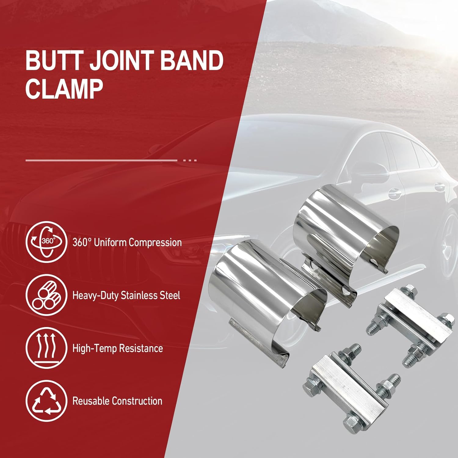 2.5 inch exhaust clamp, 2.5" butt joint band clamp sleeve coupler stainless steel for pipes, mufflers, catalytic converters - 2 pack