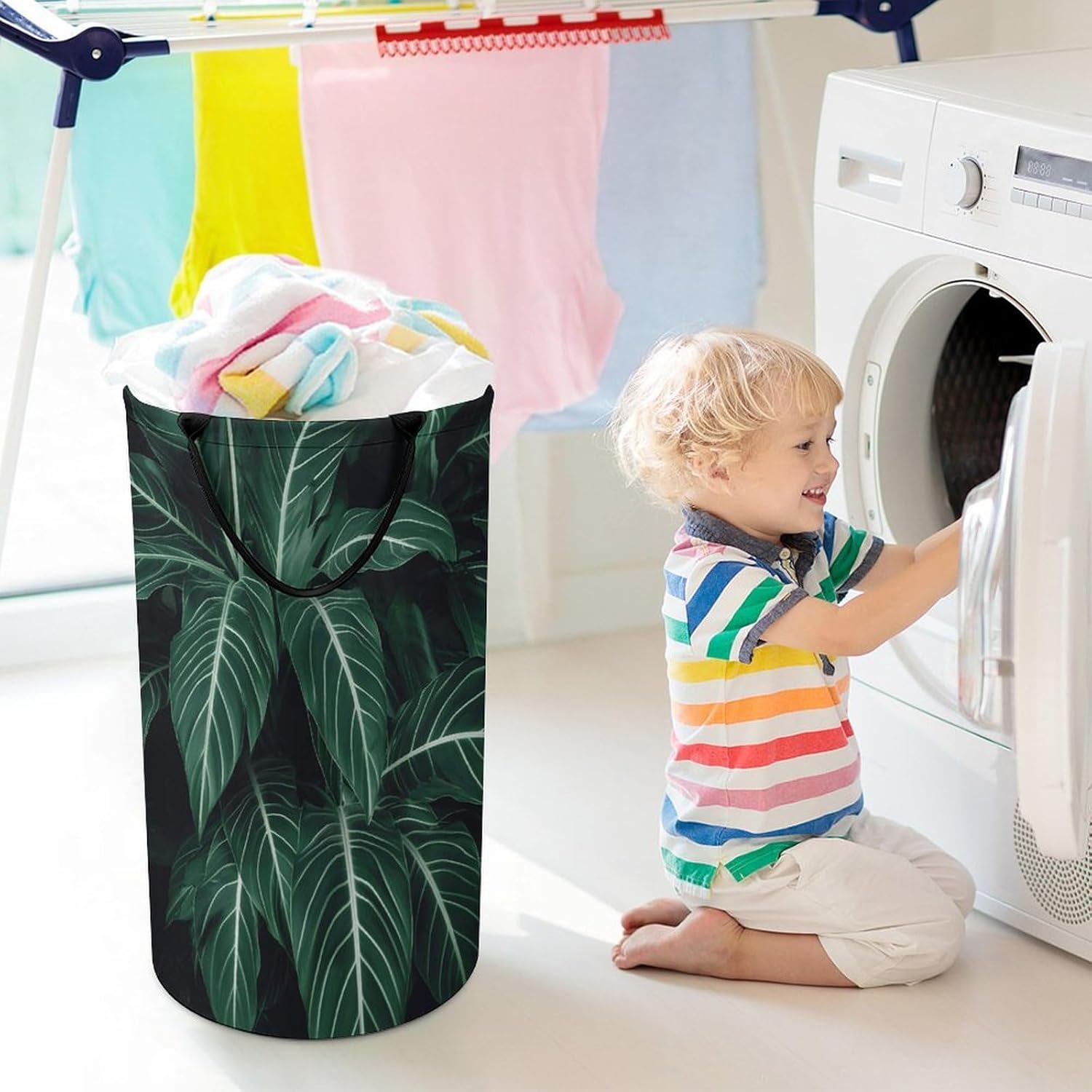 Green Long Leaves Laundry Hamper with Handles Waterproof Collapsible Laundry Basket Large Lightweight Round Dirty Clothes Hamper for Home Dorm Bathroom Decor