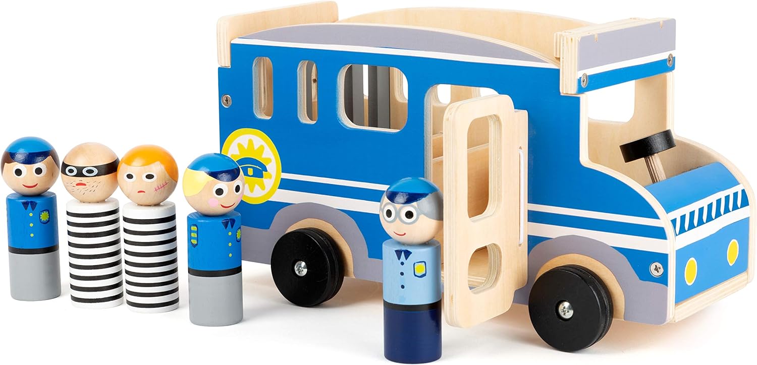 small foot company - 11459 Autobús Grande de Madera de la policía, con Figuras de Juego y Mucho Espacio para pasajeros y Ladrones Juguetes, Multicolor (11459)