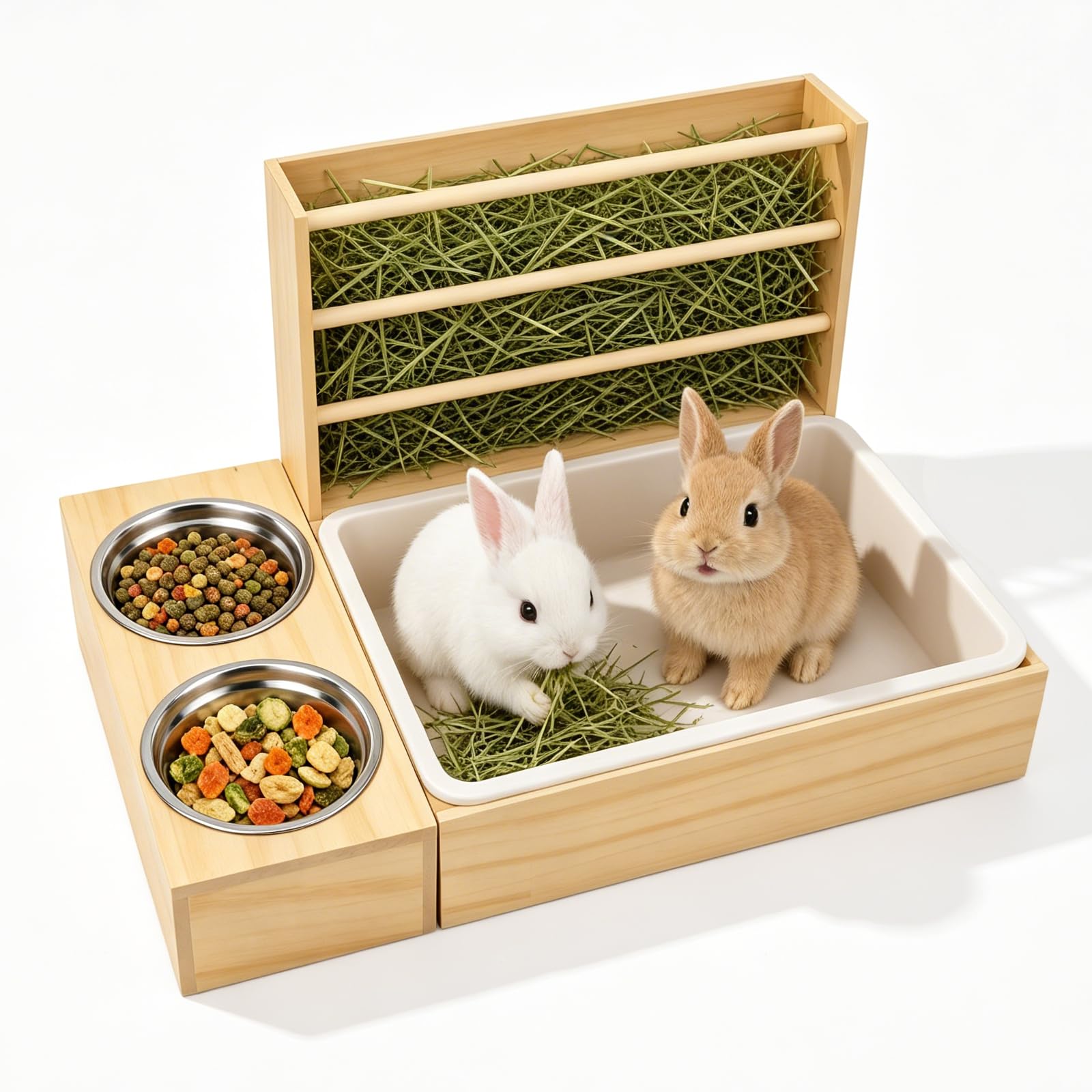 Rabbit Hay Feeder, 3 in 1 Wooden Hay Holder with Litter Tray and 2 Stainless Bowls, Large Bunny Feeder Manger, Small Animal Hay Rack, Rabbit Food Dispenser for Guinea Pig Hamster Chinchilla Ferret