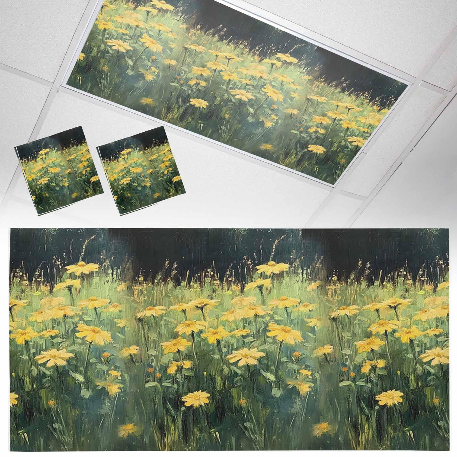 Wowouhiya 2 Pack Fluorescent Light Cover for Ceiling Lights, Yellow Spring Floral Magnetic Classroom Light Filters 4x2 Feet, Modern Abstract Art Oil Painting Decorative Ceiling Shade Panel for Office