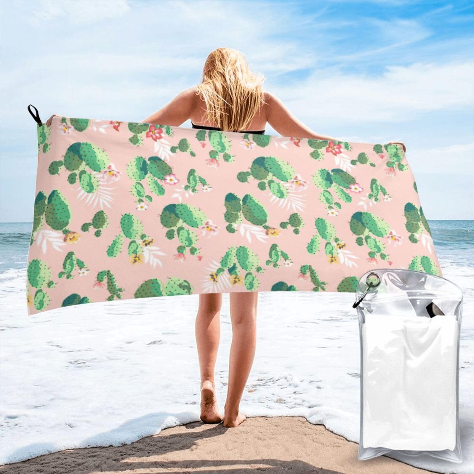 Jiuty White Cactus Pattern Print Fast Dry Beach Towel Portable For Swimming Travel Gym Hiking Gift