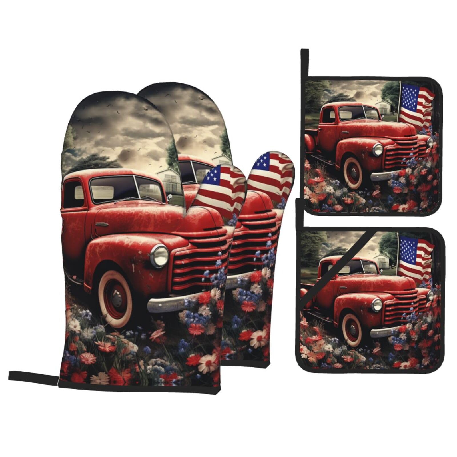 4 Piece Oven Mitts and Pot Holders Set Heat Resistant Oven Gloves and Potholders BBQ Gloves Hot Pads 4th of July Patriotic Old Red Truck Cooking Gloves for Kitchen Baking Grilling