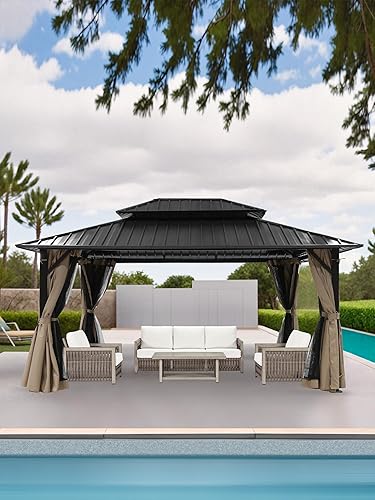 Miniatura 9 de Cenador de techo rígido de 12 x 16 pies, kiosco de patio al aire libre, marco de aluminio con malla y cortina, pérgola de patio al aire libre con