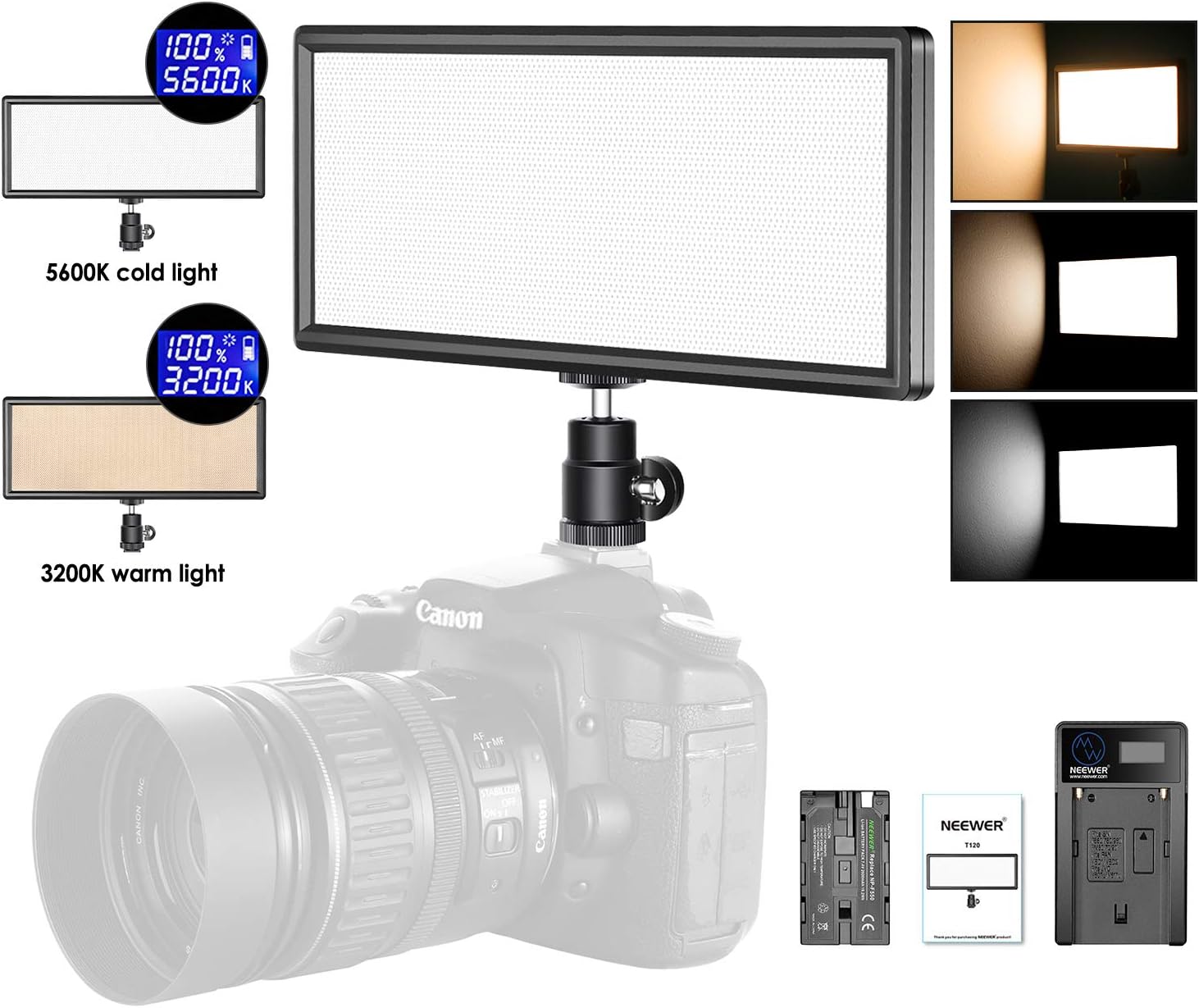 Neewer 2 Packs Super Slim LED Video Light with Light Stand Photography Lighting Kit, 3200K-5600K Bi-Color Dimmable LED Panel, Li-ion Battery and Charger for Camera Photo Portrait Children Shooting