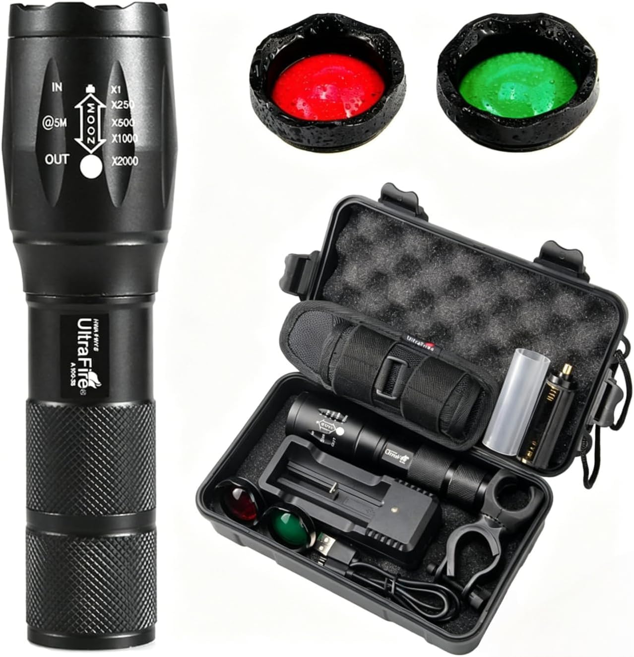 Ultrafire Black Tactical Torch With Red Light/Green Light, 900 Lumens Zoomable 5 Modes Led Torch With Flashlight Holster, Usb Charger, Bicycle Mount, 3-Color Interchangeable Filter