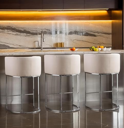 Miniatura 72 de Juego de 4 taburetes de bar contemporáneos de lino color crema, de 32 pulgadas, de tela tapizada, altura de mostrador, taburetes de cocina con base