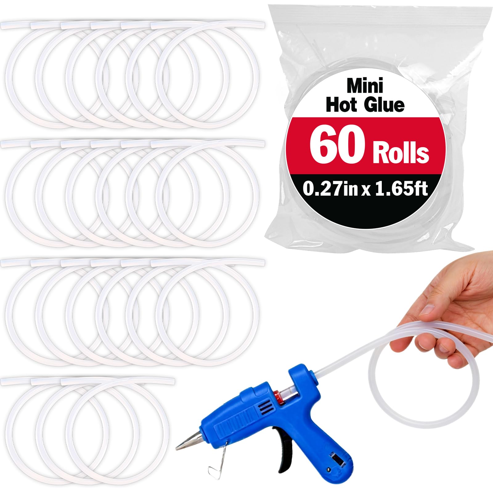 Confezione da 60 mini rotoli di colla a caldo, ciascuno lungo 1,65 m x 0,7 cm di diametro, per pistola per colla, perfetti per mini pistole per colla, ampiamente utilizzati in legno, metallo, vetro