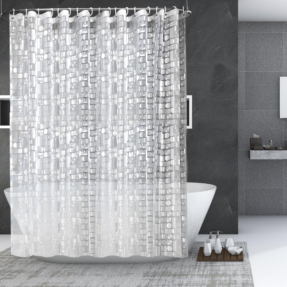 Cortina Ducha Transparente, EVA Cortinas de Baño Antimoho, Impermeable 3D Cortina Bañera, Antibacterias Cortina Ducha 180x180, Cortina Baño Antimoho con 12 Ganchos, para Ducha o Bañera en Casa