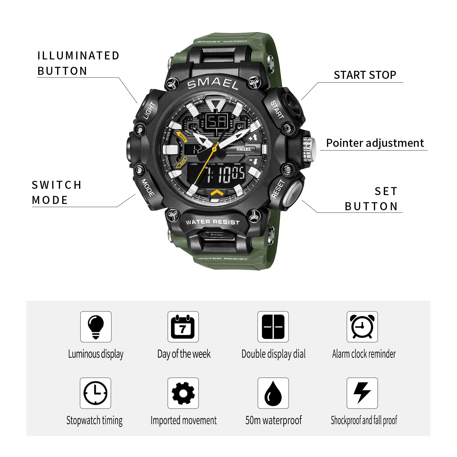SMAEL 8053 Reloj deportivo digital para hombre con diseño elegante, funciones multifuncionales y cronometraje fiable (verde militar), Verde militar.