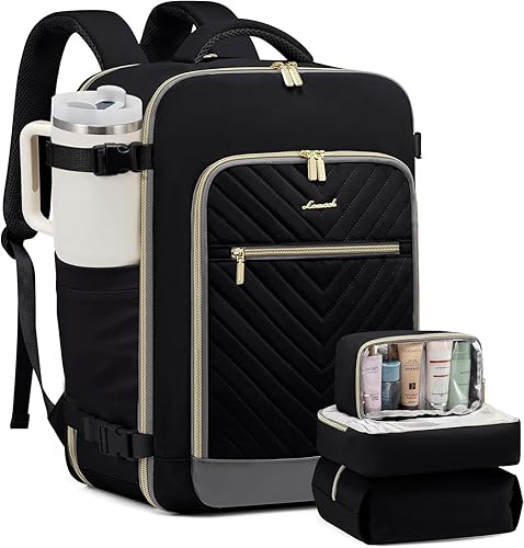 LOVEVOOK Travel Backpack For Women,50L Carry On Backpack Flight Approved,TSA Personal Item Travel Bag Fits 18 Inch Laptop,Business Weekender Overnight Daypack 3 Packing Cubes - Black With Gray - 18 Inch-50L-4Pcs