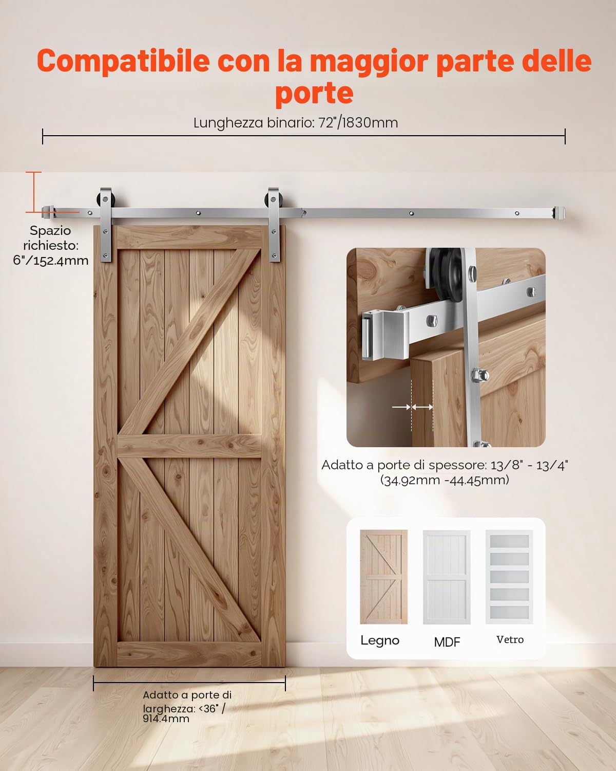 VEVOR Kit Ferramenta per Porta Scorrevole da Fienile 1828 mm, Capacità 150 kg, Compatibile con Larghezza 914 mm e Spessore 34,9-44,45 mm, Binario Resistente Rullo a Forma J, Argento