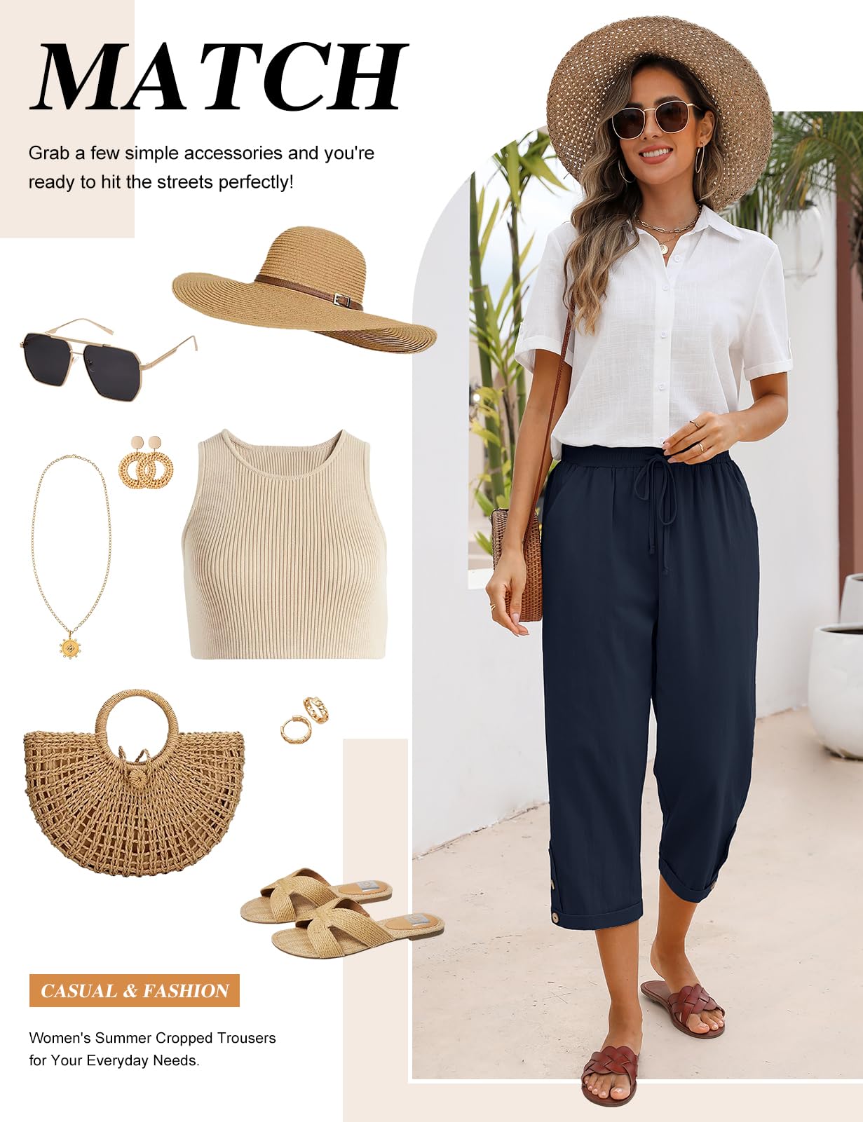 Voqeen Pantalon Femme Été Léger 3/4 Pantacourt Fluide Elastique avec Poches Coton Vêtement Chic Elegant Décontractée Pants de Plage