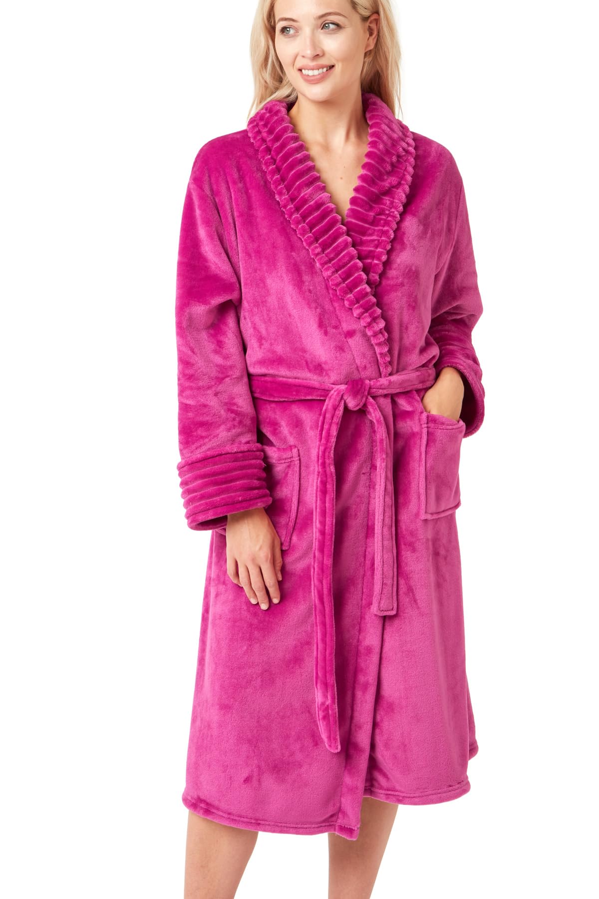 Indigo Sky Tanya Cosy Fleece Shawl Collar Robe - Warm Winter Loungewear, Raspberry, XL