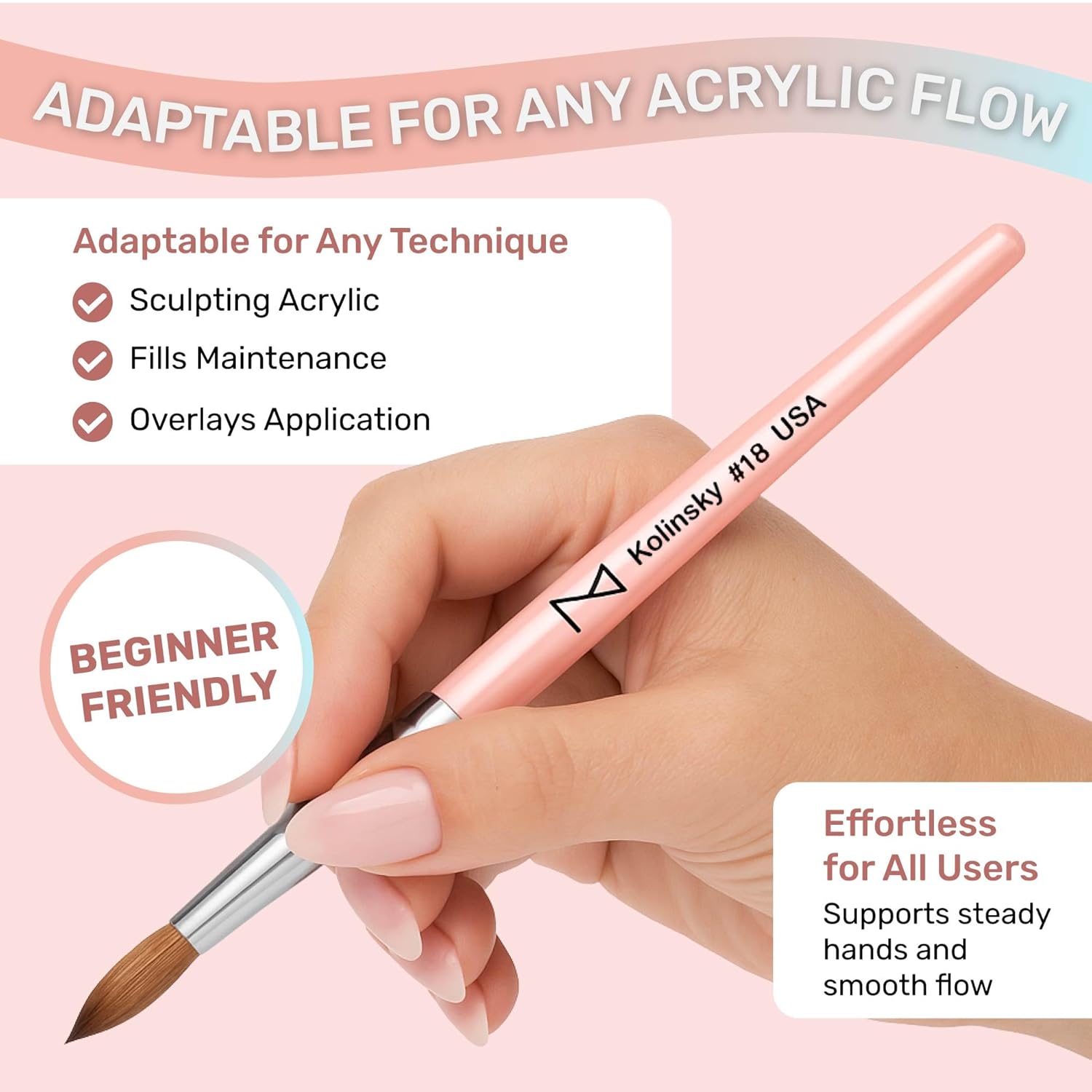 M – Majesti Pink 100% Kolinsky Acrylic Nail Brush | Professional Acrylic Sculpting & Application Brush | Handcrafted Premium Nail Art Tool for Nail Technicians (#10)