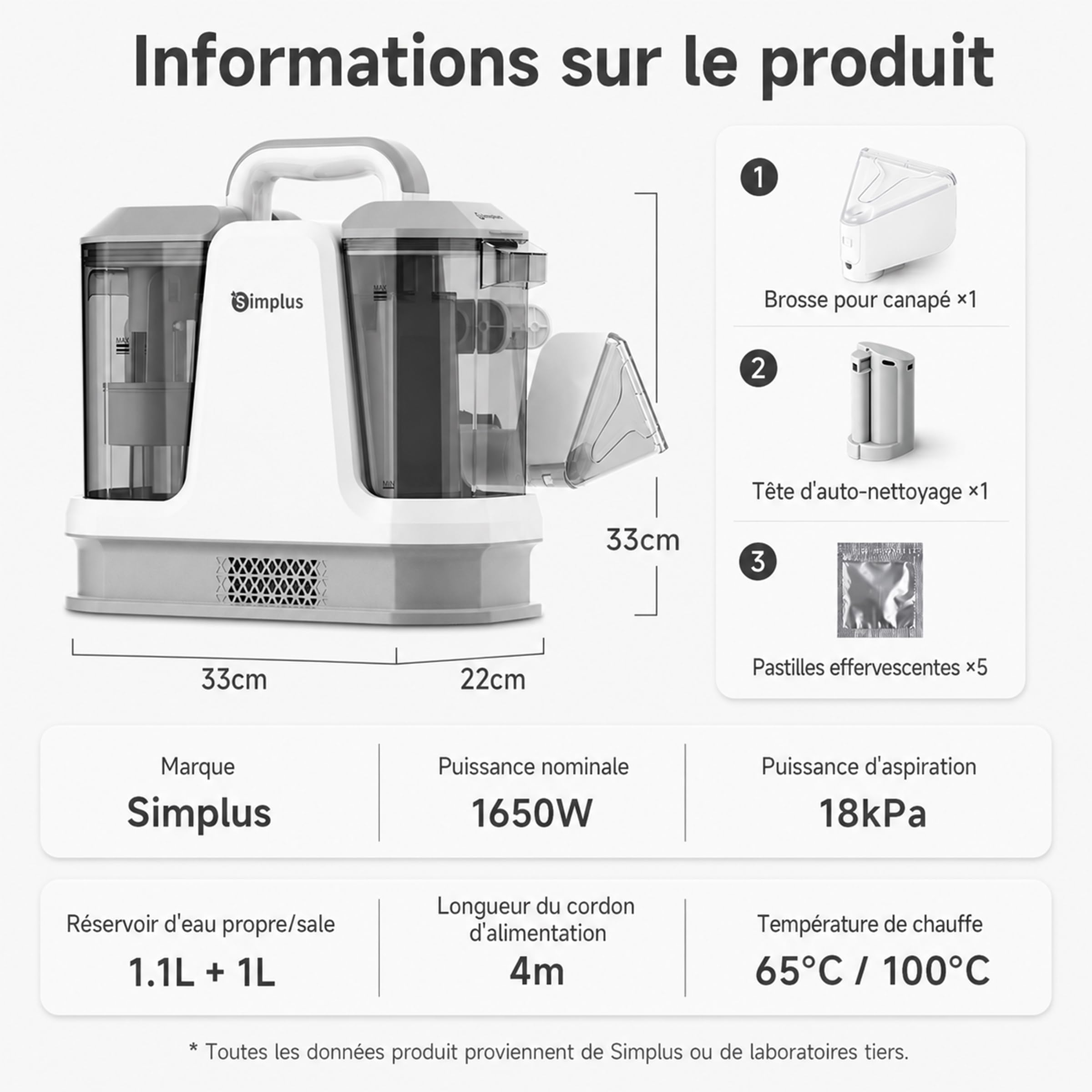 SIMPLUS Nettoyeur Vapeur Tissu Injecteur Extracteur 1.1L Eau Chaude