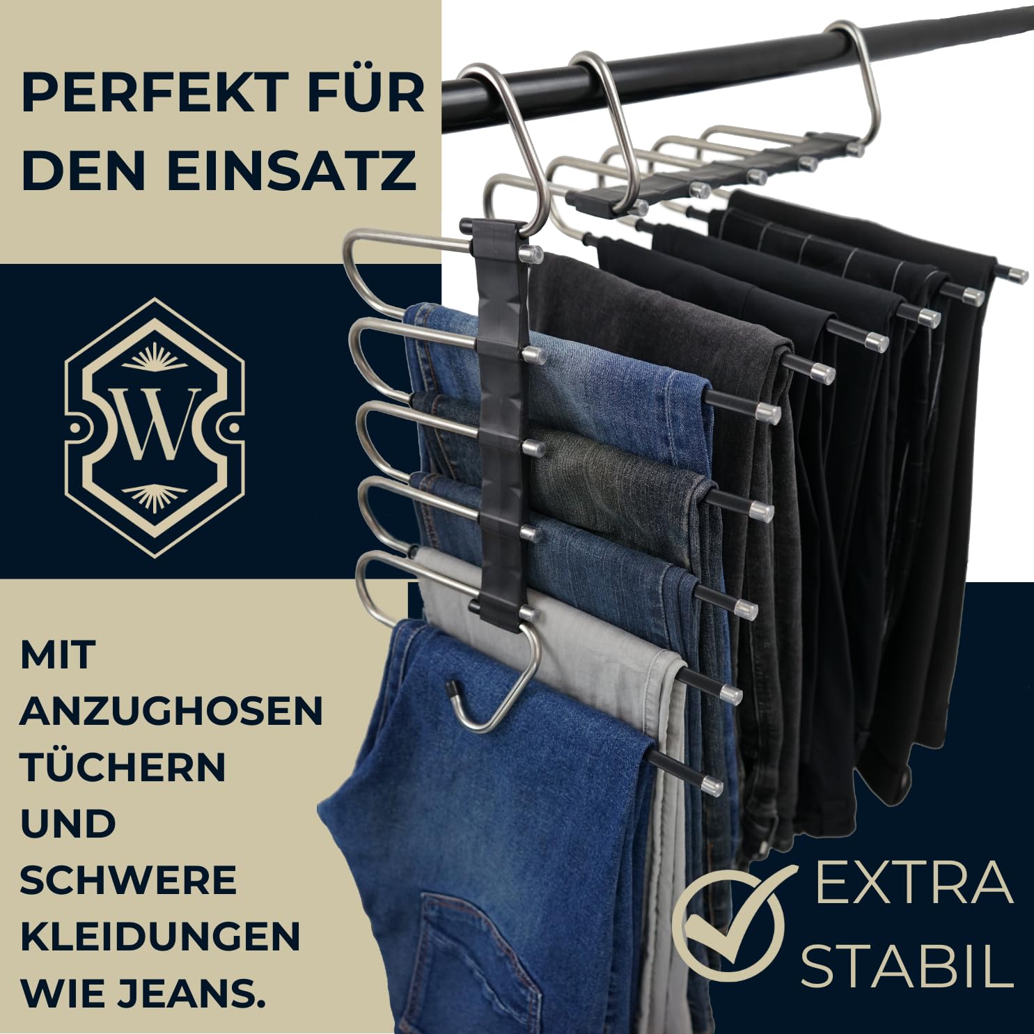 Kleiderbügel platzsparend 2X mehrfach Hosenbügel mit Rutschschutz - 5in1 Hosenaufhängung - Kleiderschrank Organizer (Schwarz)