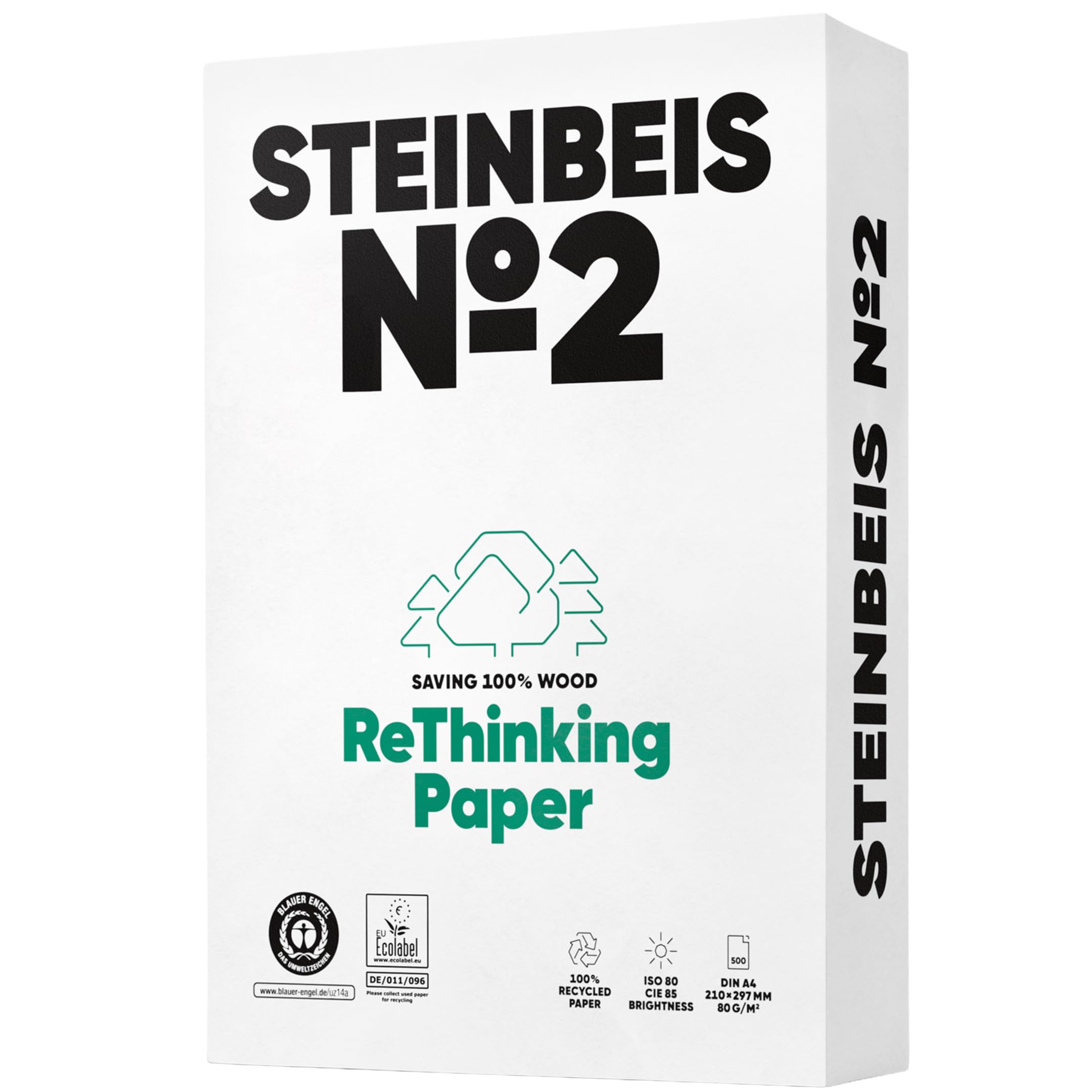 Steinbeis No.2 Printer Paper - A4 Recycled Paper 80gsm White & Chlorine Free 2500 (5 x 500) Sheets of High Quality Copier Paper ISO 80 / CIE 85