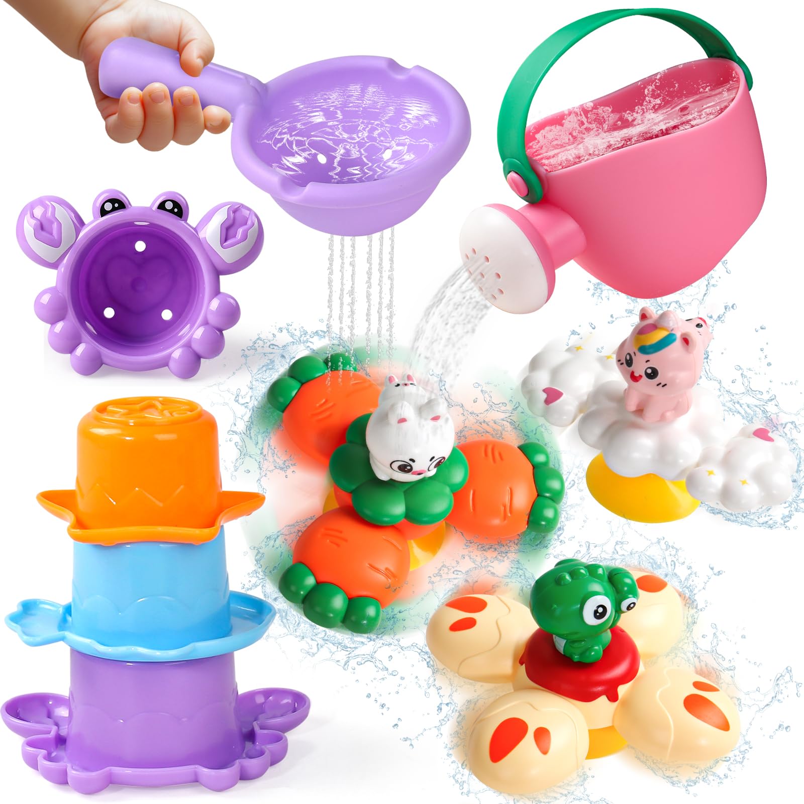 Fajiabao Juguetes Bañera Bebe 1 Año | Juguetes Niños 1 año - Set Bañera 8 Piezas con Spinner Ventosa, Tazas y Regadera Juguete de Baño Educativos para Niños 6-12 Meses Regalo Original Niña Niño