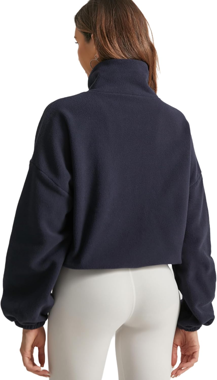 Women's Cropped Sherpa Jacket Full Zip Cozy Fleece Coat with Stand Collar & Side Pockets