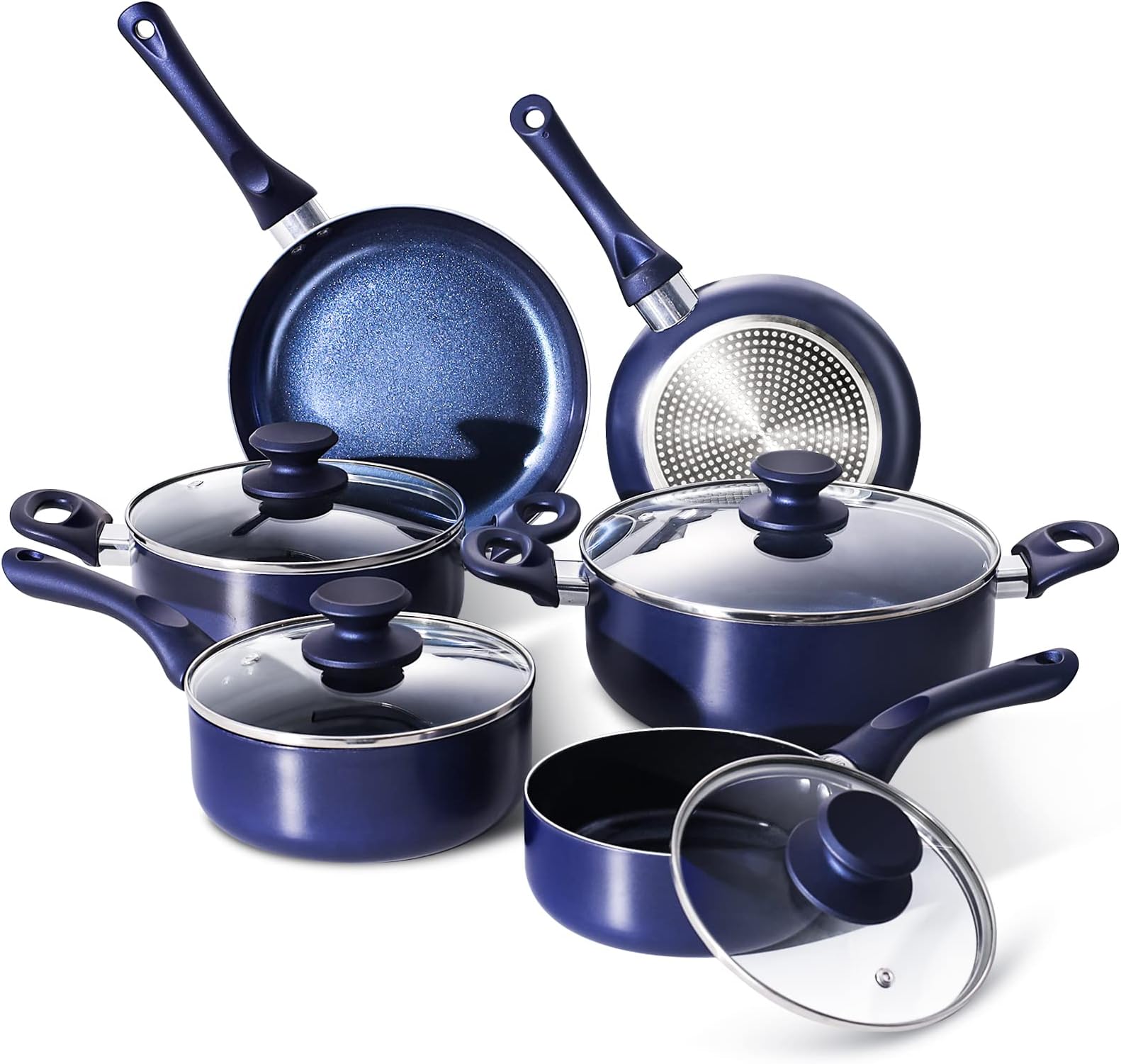 Non Stick Pots and Pans Set, 10Pcs Ceramic Cookware Sets with Lids, Induction Gas Compatible, PFOA Free, Blue