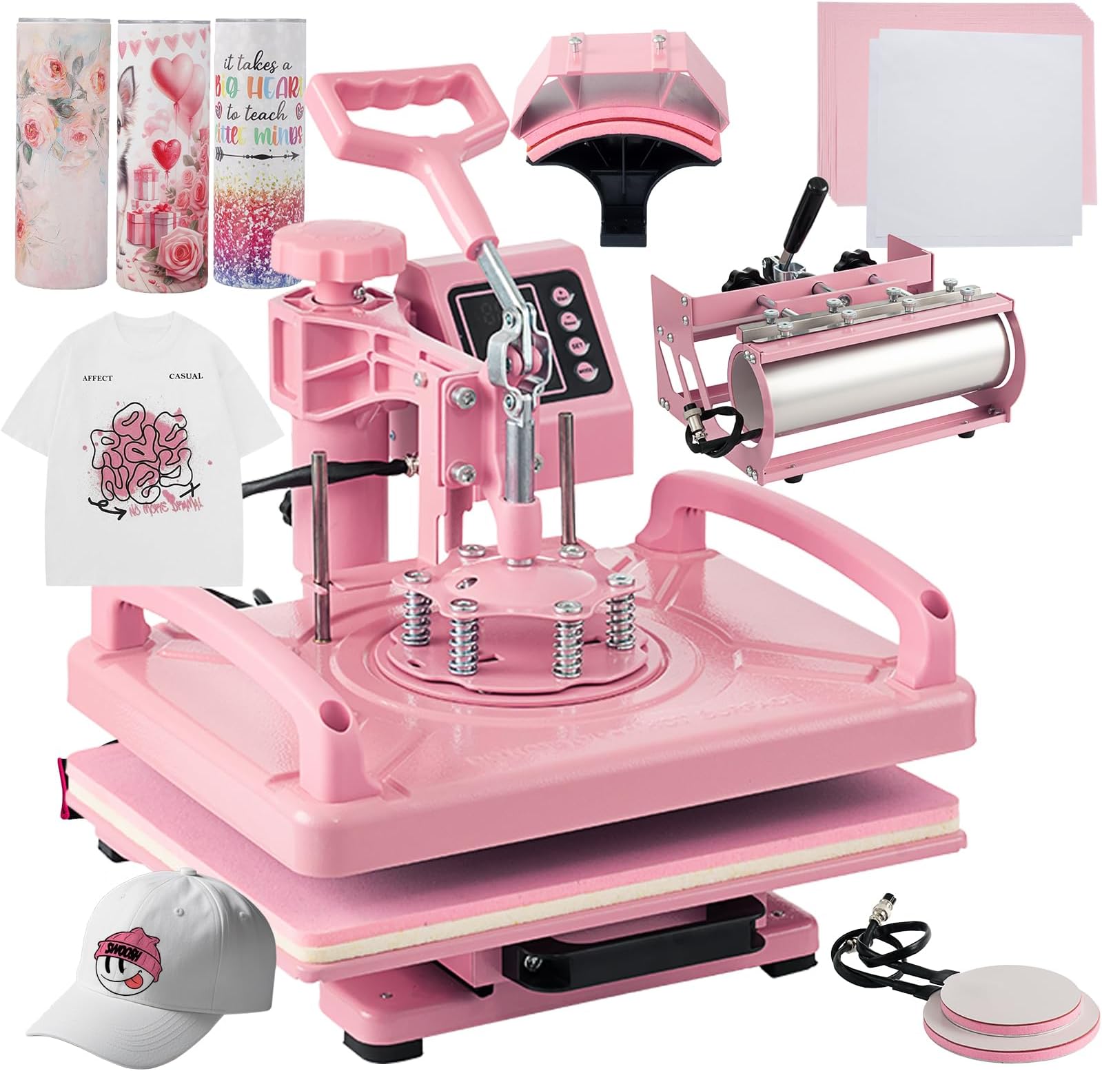 Leomru 5 in 1 Heat Press Machine 12x15 Inch, Heat Press Machine for T Shirts Hat Cap Mug Plate 360° Swing Away, Sublimation Heat Press Heat Transfer Machine W/ 30OZ Tumbler Press Pink