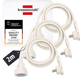 Brennenstuhl 3er Set Qualitäts-Kunststoff-Verlängerungskabel mit Flachstecker, kompatibel mit Haushaltsgeräten (Verlängerungskabel flach für innen mit 2m Kabel) weiß