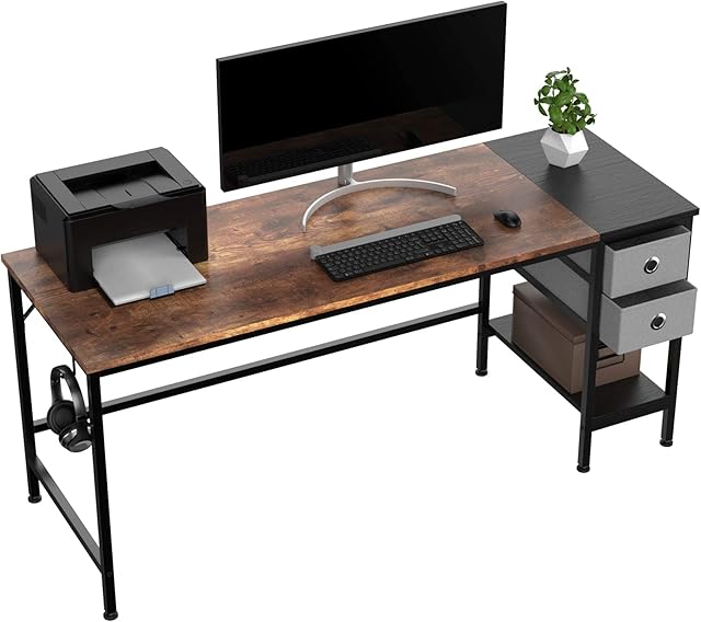 HOMIDEC Computer Desk, Office Work Desk for student and worker, Writing Desk with drawer and Headphone Hook, Laptop Table with shelves, Modern Style Desks for Bedroom, Home, Office(160x60x75cm)