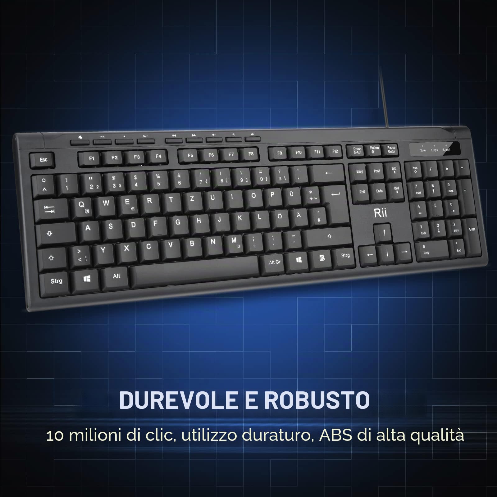 Rii RK907 Wired Tastiera USB per Mac/PC/Tablet/Windows/Android/Microsoft, Layout Tedesco QWERTZ, Nero
