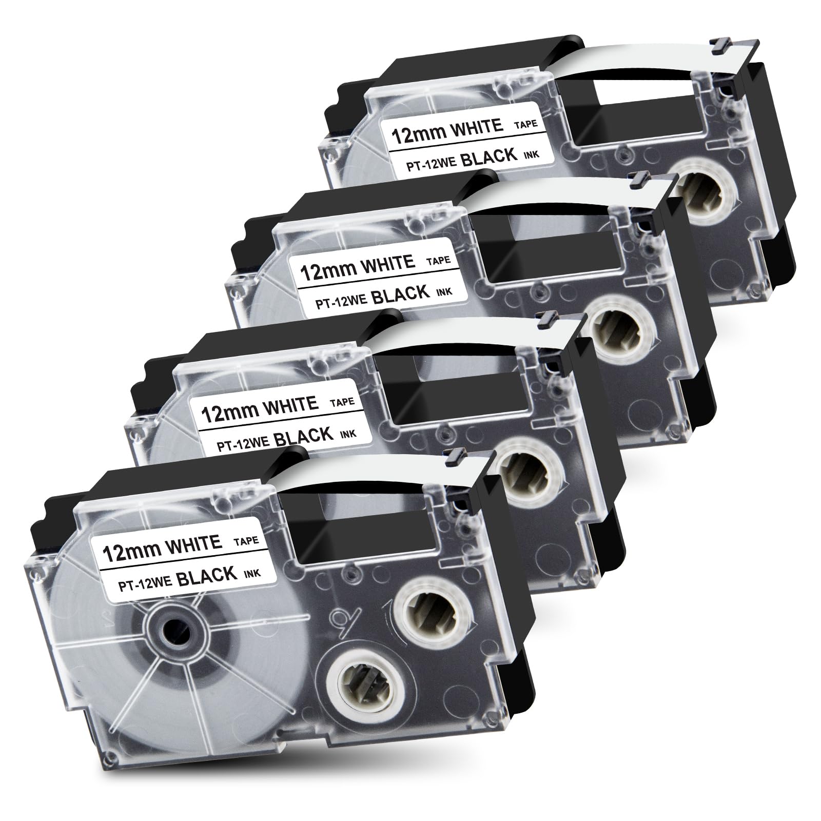 Pristar 4x Nastri per Etichette Compatibile per Casio XR-12WE XR12WE per Casio EZ KL-60 KL-70e KL-100 KL-120 KL-130 KL-200 KL-200E KL-300 KL-750 KL-820 Etichettatrice, 12 mm x 8 m, nero su bianco