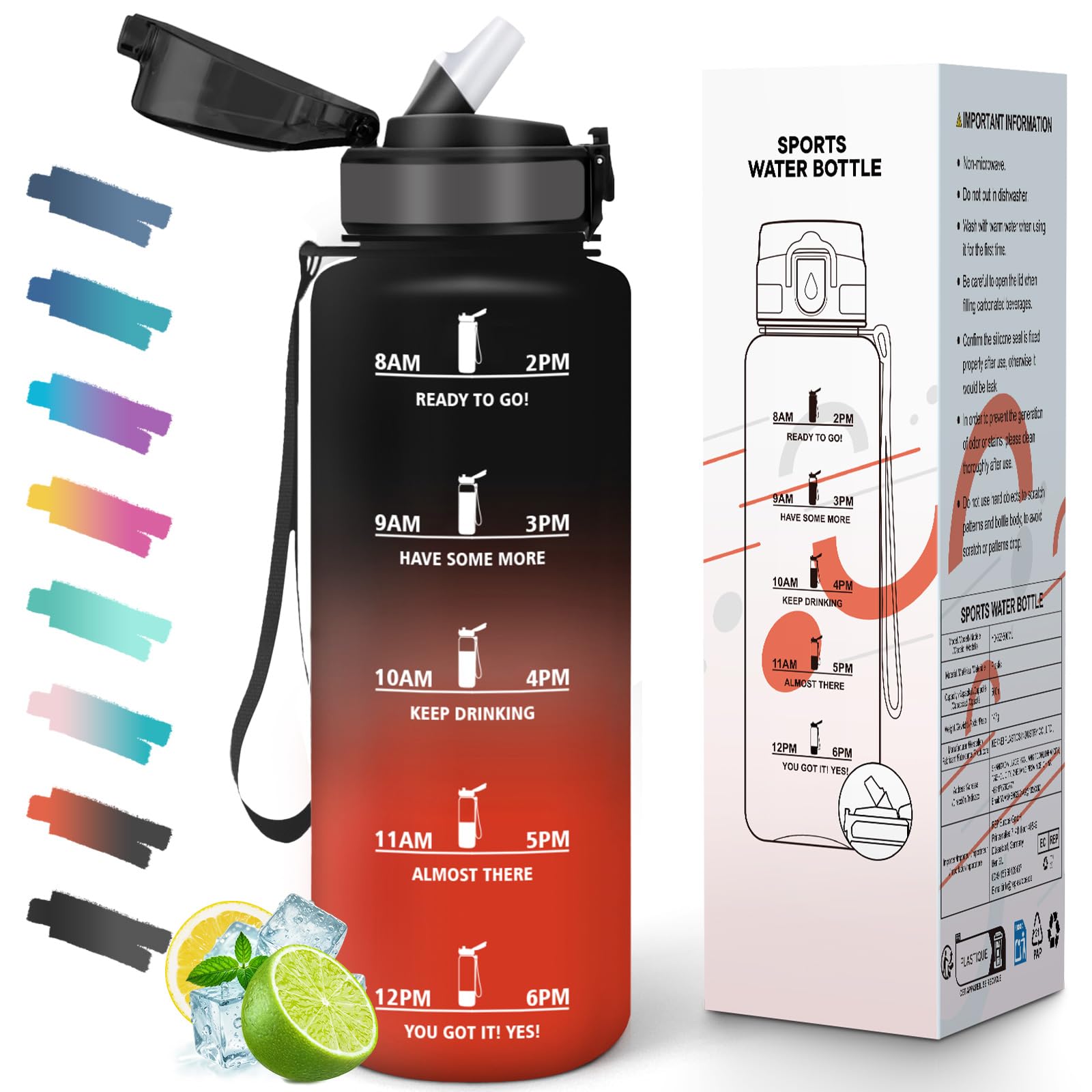 Drinking Bottle with Straw 1.5L BPA Free Gym Time Scale Motivational Wide Mouth Leakproof Lid Water Bottle for School Office Gym