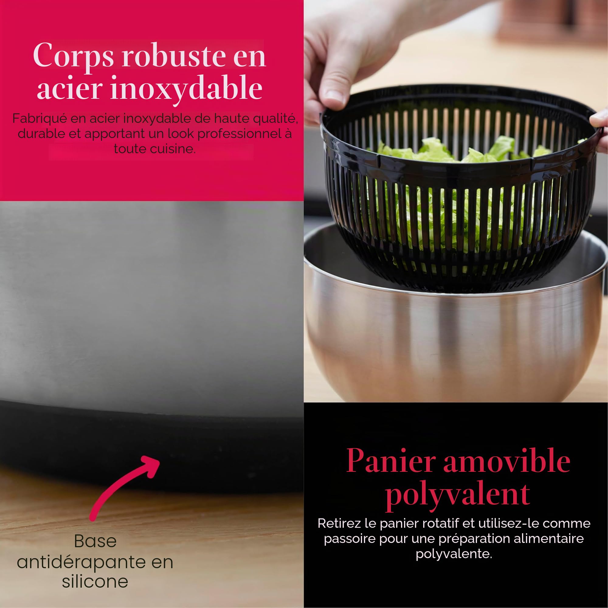 Good Food GF847071 Essoreuse à salade Tower avec panier amovible, cordon de tirage facile, bouton d'arrêt et base antidérapante, 5 litres, en acier inoxydable, argenté